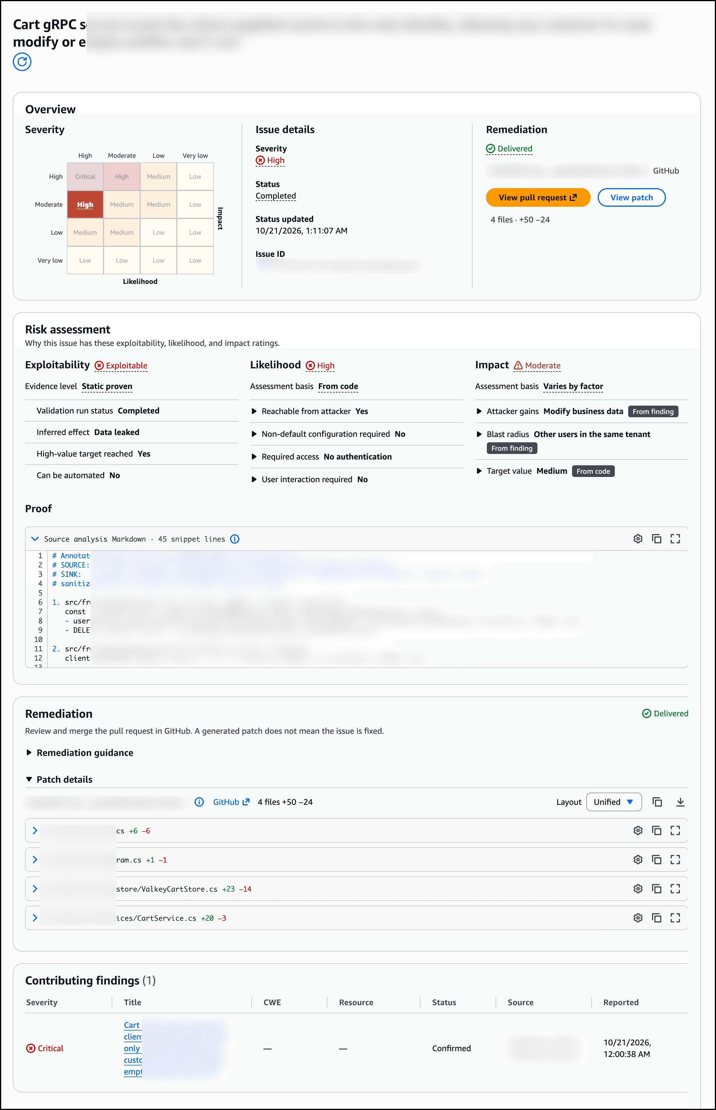 AWS’s original Continuum console demonstration shows exploitability evidence, risk assessment and a proposed GitHub remediation that still requires review and merging.