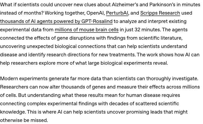 Original OpenAI research-announcement capture describes thousands of GPT-Rosalind agents analyzing existing mouse-brain data in 32 minutes; research leads, not proven human treatments.