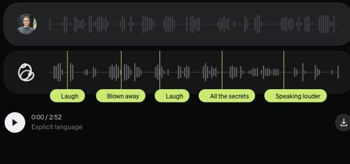 Block’s original Dessa demonstration interface shows synchronized human and model audio tracks, including conversational timing and laughter markers.