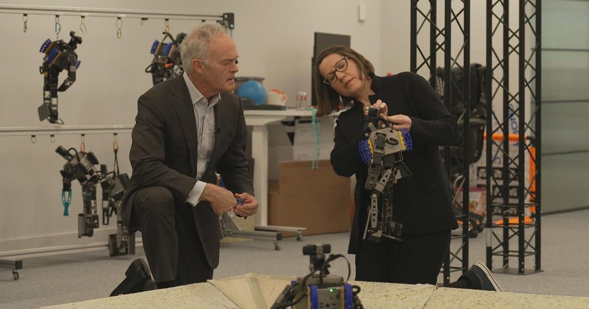 CBS/60 Minutes file photograph of Raia Hadsell and Scott Pelley at DeepMind, April 2023; not a Genie 4 demonstration.