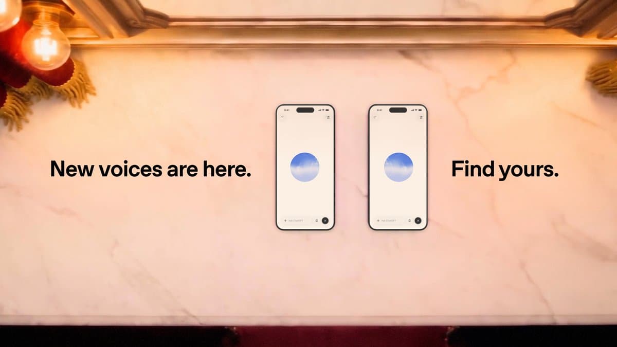 OpenAI’s official GPT-Live-1.1 product-demo still showing two phones running Voice; promotional demonstration, not a live user session.