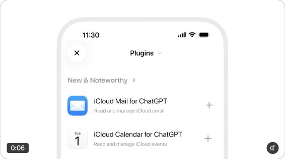 Frame from OpenAI’s October 27 iCloud launch demonstration showing iCloud Mail and Calendar in ChatGPT’s plugin directory; not an independently connected account.