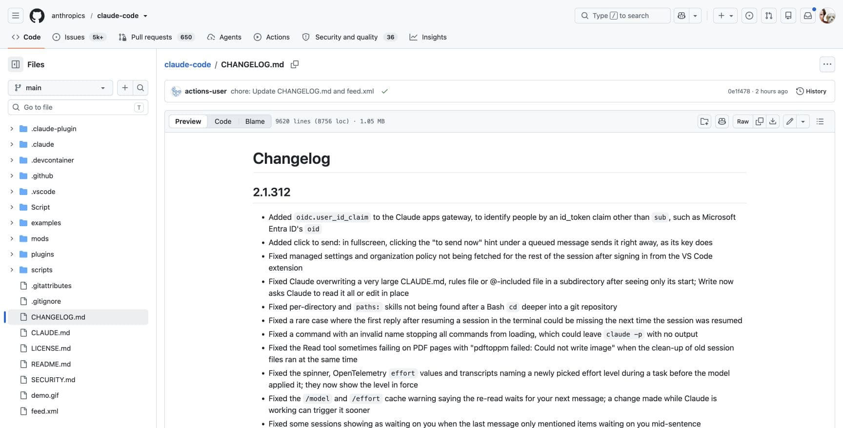 Official Claude Code 2.1.312 changelog showing fixes for organization-policy loading and overwrites of large instruction files.