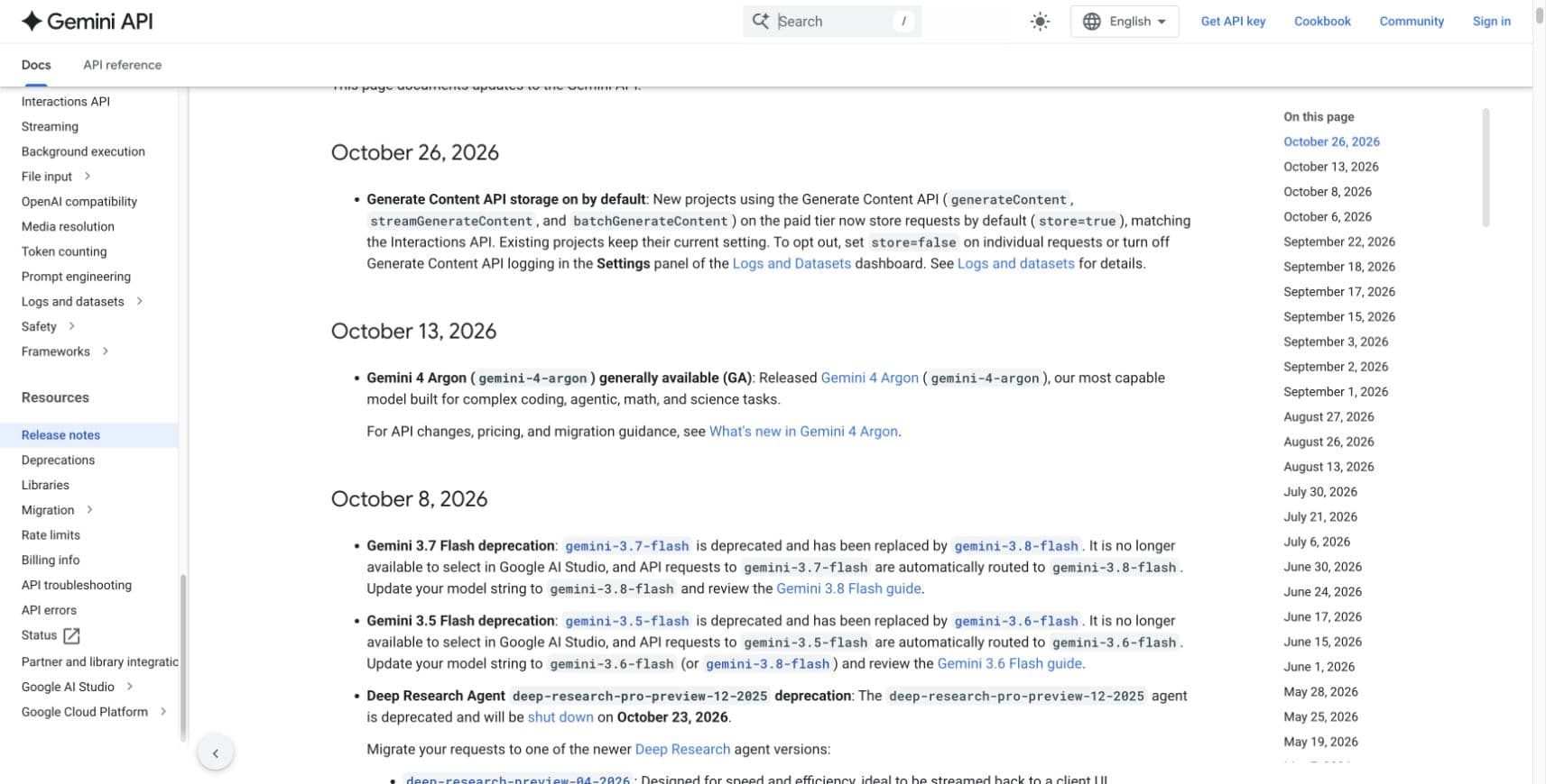 Google’s dated October 26 Gemini API changelog explains request storage defaults for new paid projects, unchanged existing settings and opt-out controls.