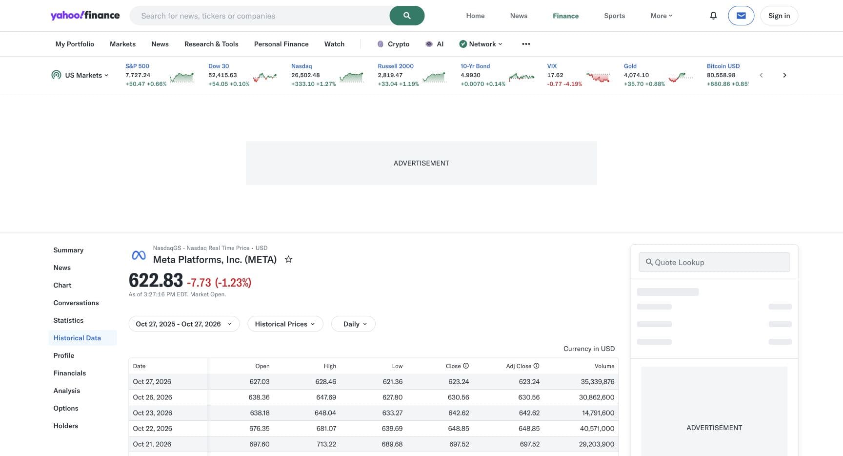 Yahoo Finance Meta historical-price table including October 26 and 23, 2026; Close column shows regular-session closes.