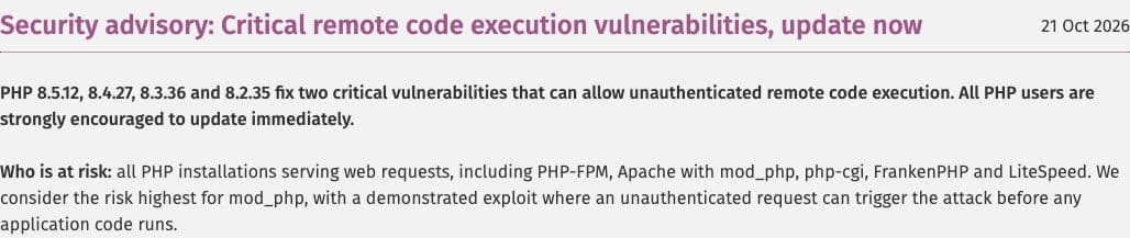 PHP’s October 21 official security advisory lists fixed versions and the risk to web-serving installations; original source capture of the urgent patch notice.