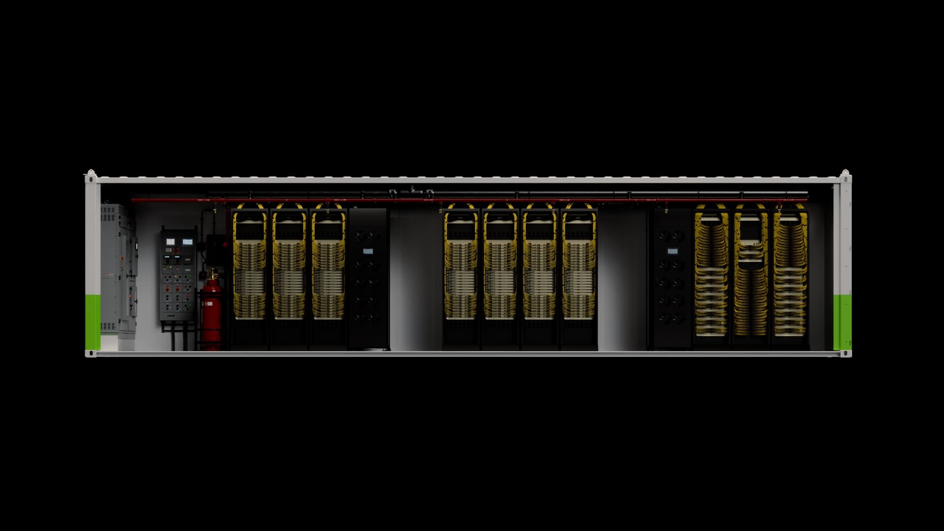 NVIDIA’s official DSX POD product cutaway showing containerized computing racks; reference-design visualization, not a photograph of a delivered facility.