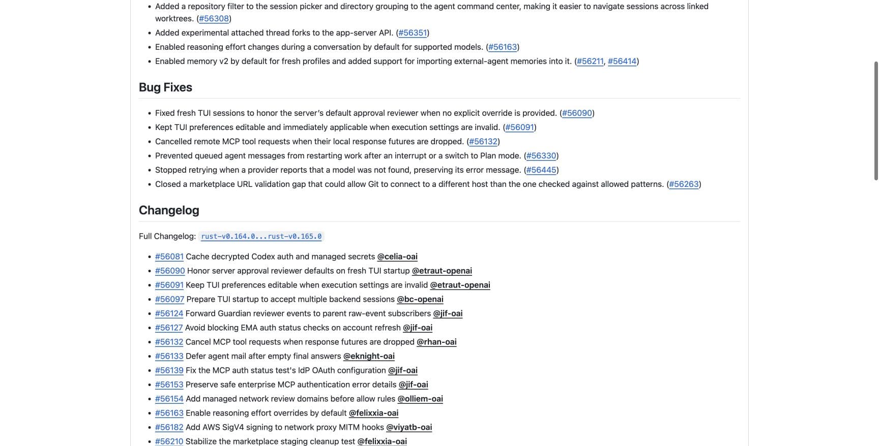 Official Codex 0.165.0 release notes showing the marketplace URL validation fix and prevention of agent restarts after interruption.