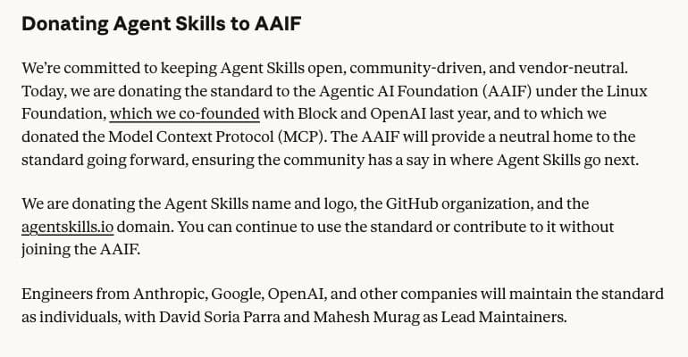 Anthropic’s donation announcement identifies the Agent Skills name, GitHub organization and domain being transferred and the multi-company maintainers.