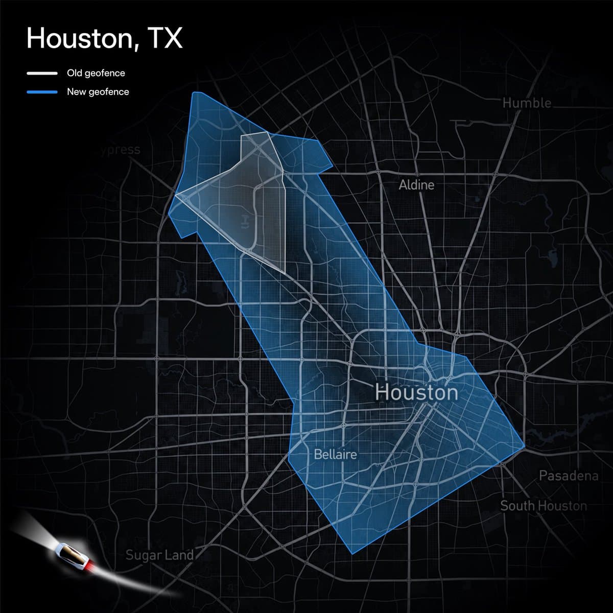 Tesla’s official Houston Robotaxi map compares the previous geofence in white with the expanded service area in blue. It does not establish citywide coverage or independent safety performance.