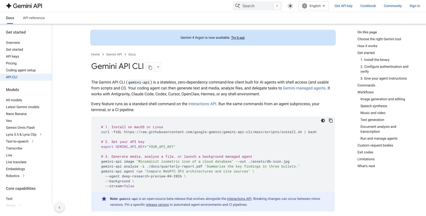 Google’s Gemini API CLI documentation showing shell examples and the beta notice, captured October 28, 2026; not an independent execution test.