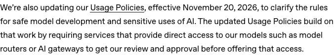 OpenAI’s original policy announcement states the November 20, 2026 effective date and prior review-and-approval requirement for model routers and AI gateways.