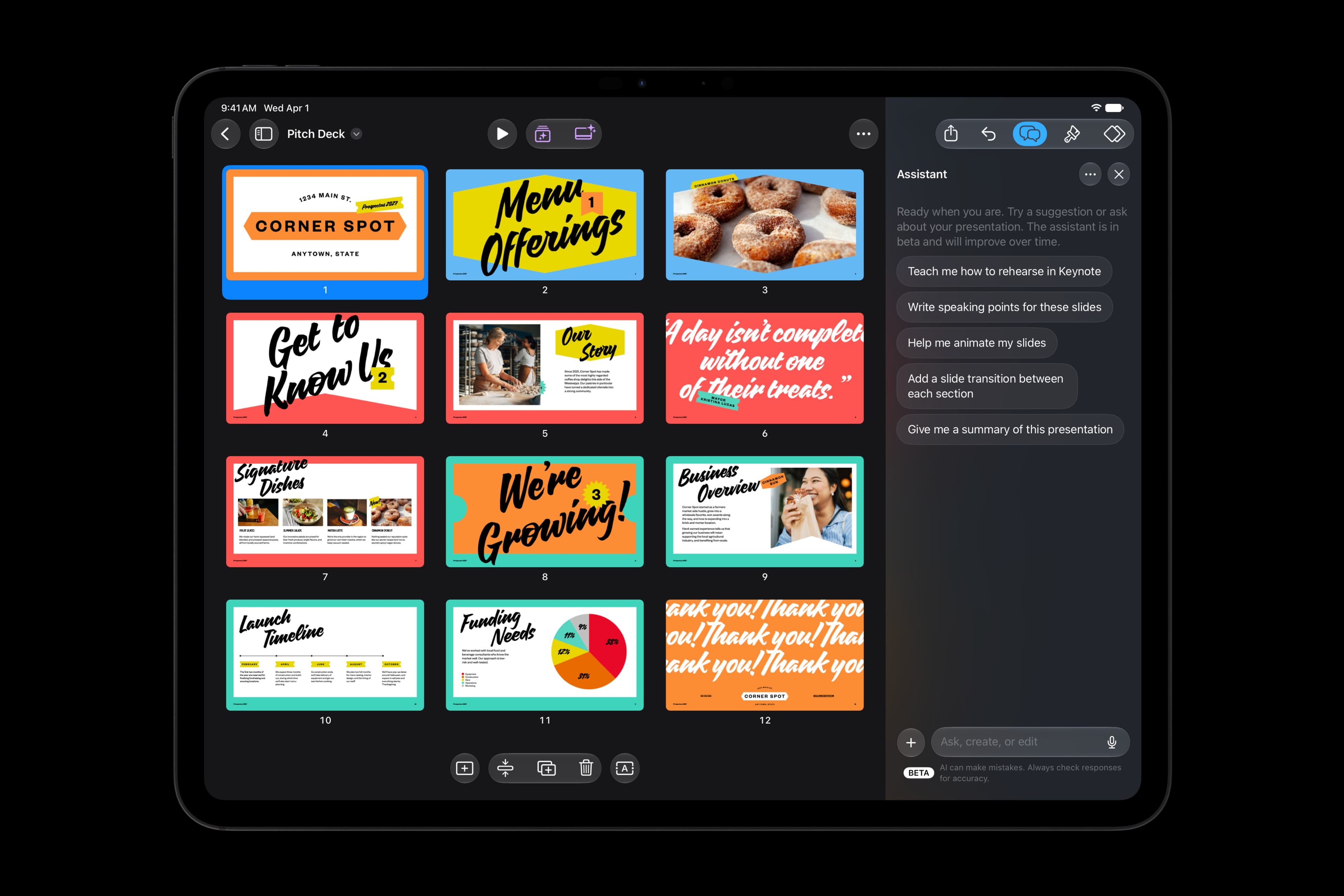 Apple’s supplied Keynote screenshot on iPad Pro, showing the announced beta assistant alongside a presentation.