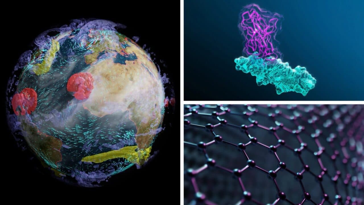 NVIDIA’s source-supplied scientific-computing visual: climate, protein and material simulations accompanying its European AI-in-science pledge.