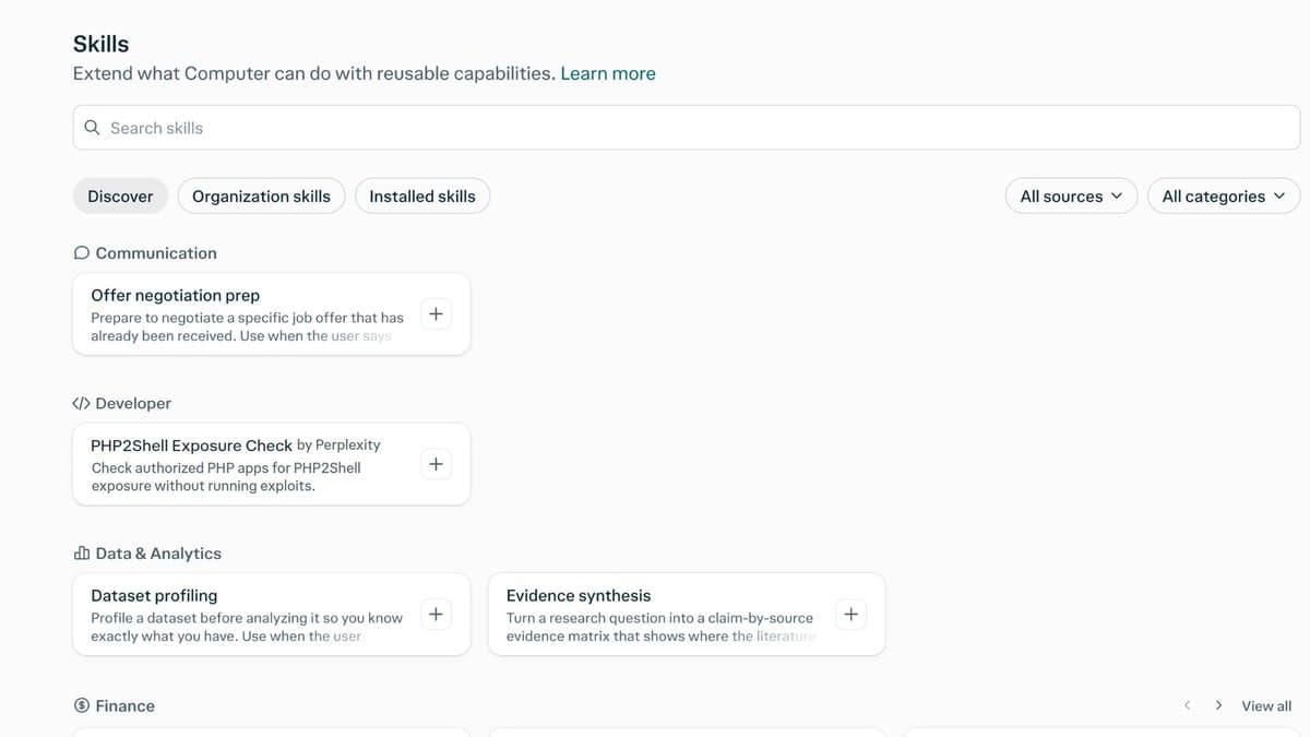 Frame from Perplexity Computer’s original PHP2Shell demonstration showing the Exposure Check skill in its marketplace; the UI says it checks authorized apps without running exploits.