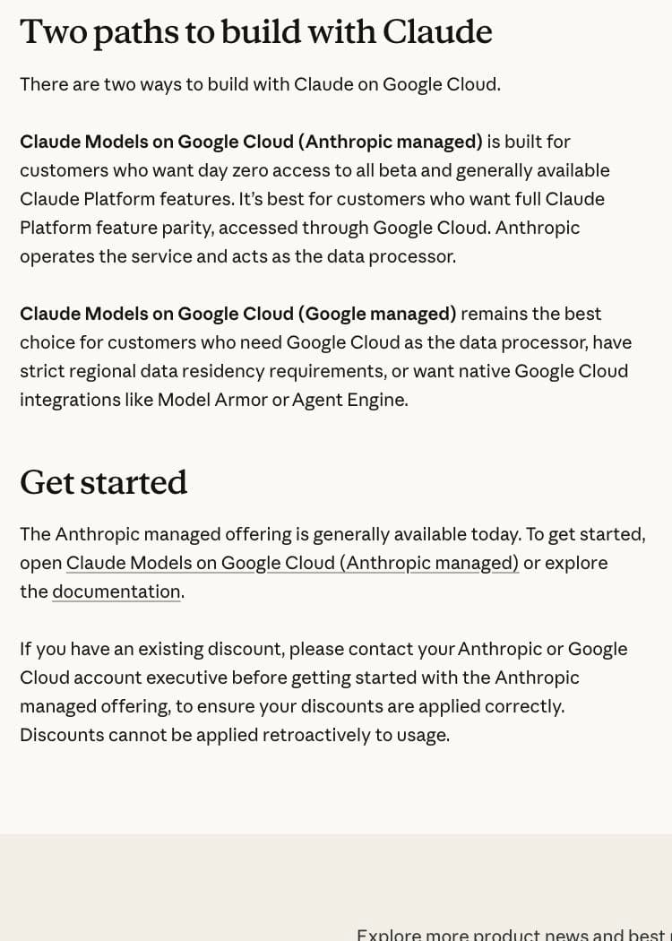 Anthropic’s original comparison explains the feature and data-processor differences between Anthropic-managed and Google-managed Claude.