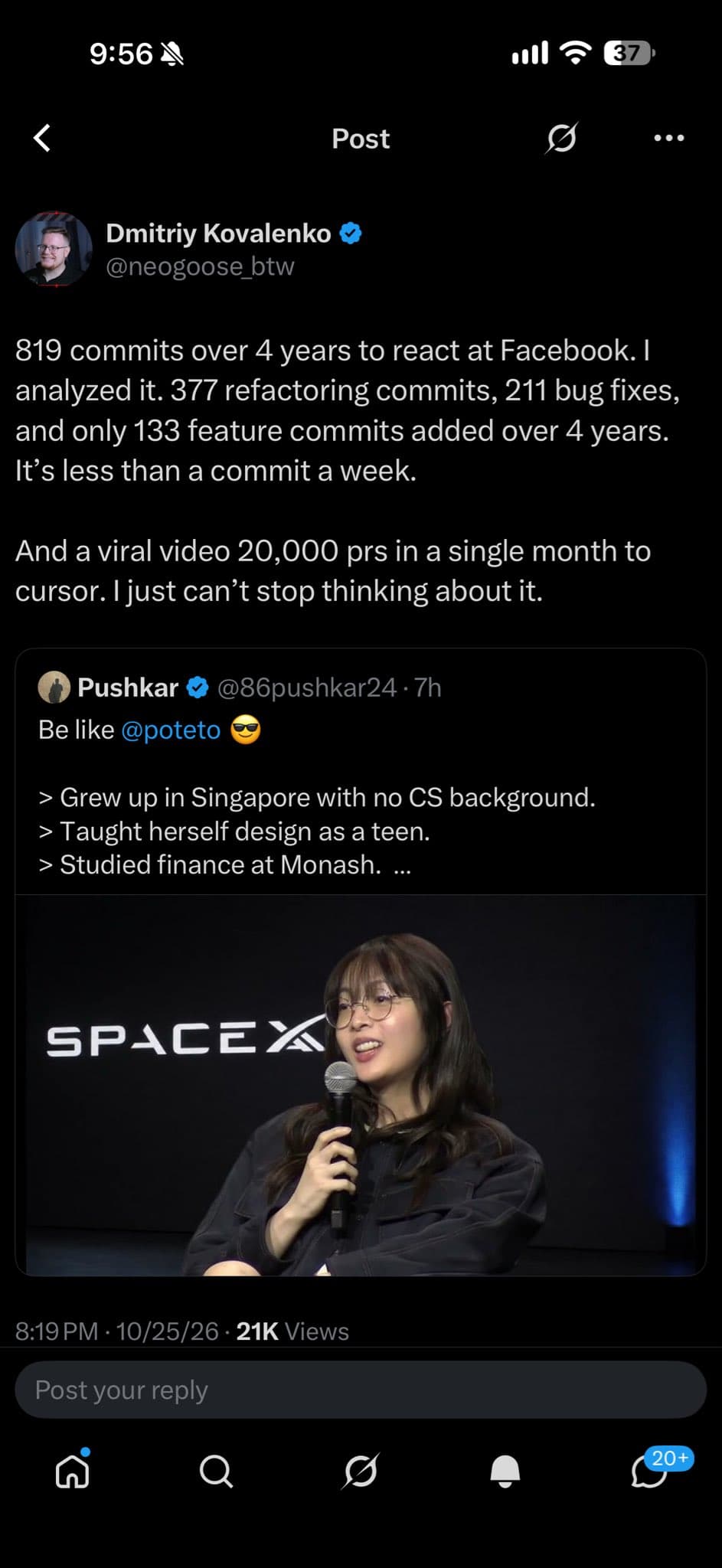 Screenshot Lauren shared of a React commit-count critique, with a quoted image of her speaking. The counts and original critic post were not independently verified; the story reports her public rebuttal.