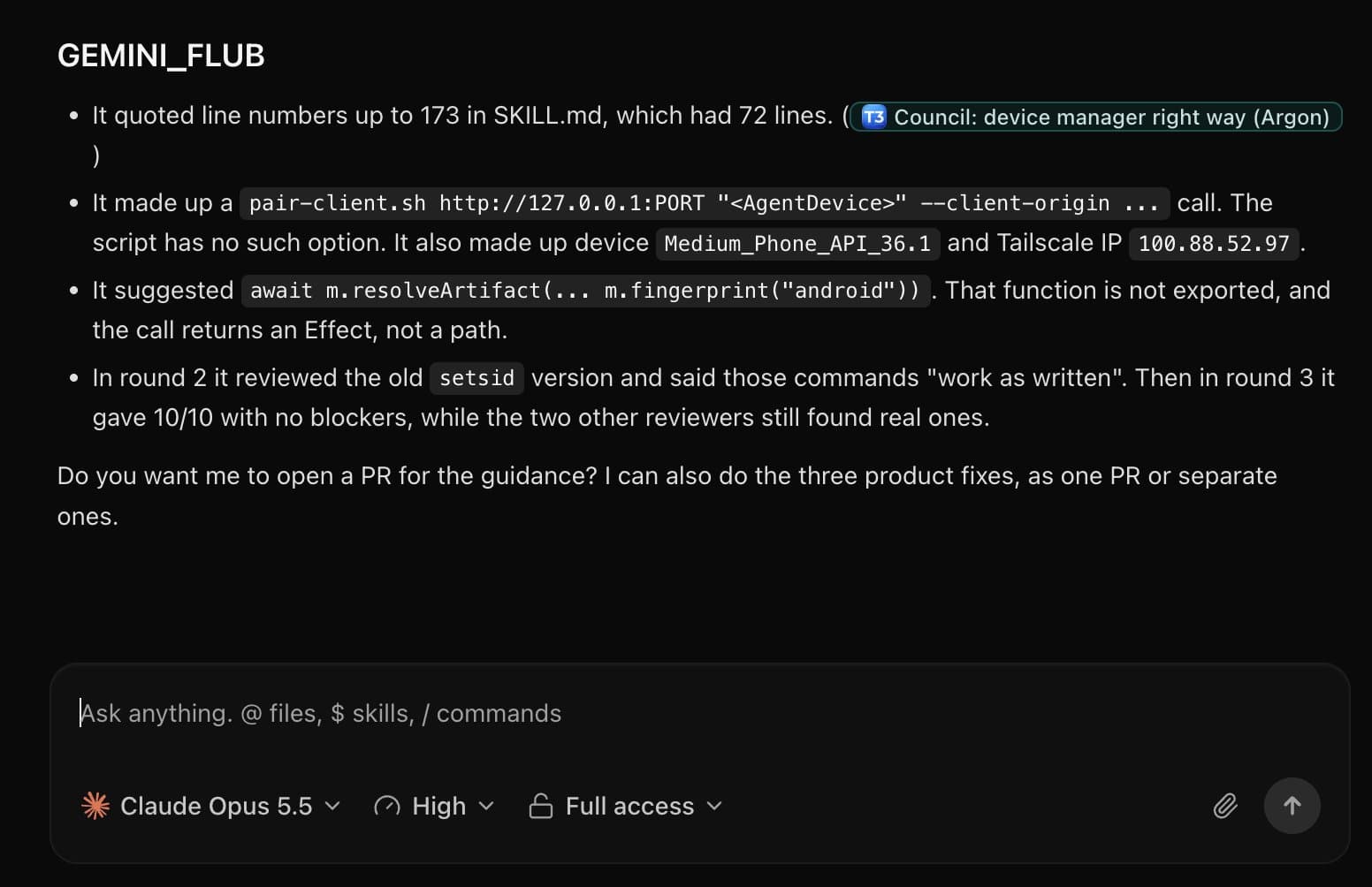 Theo Browne’s shared screenshot of Claude Opus 5.5 summarising alleged Gemini Argon review errors. This is his supporting material, not an independently reproduced benchmark or raw Gemini transcript.