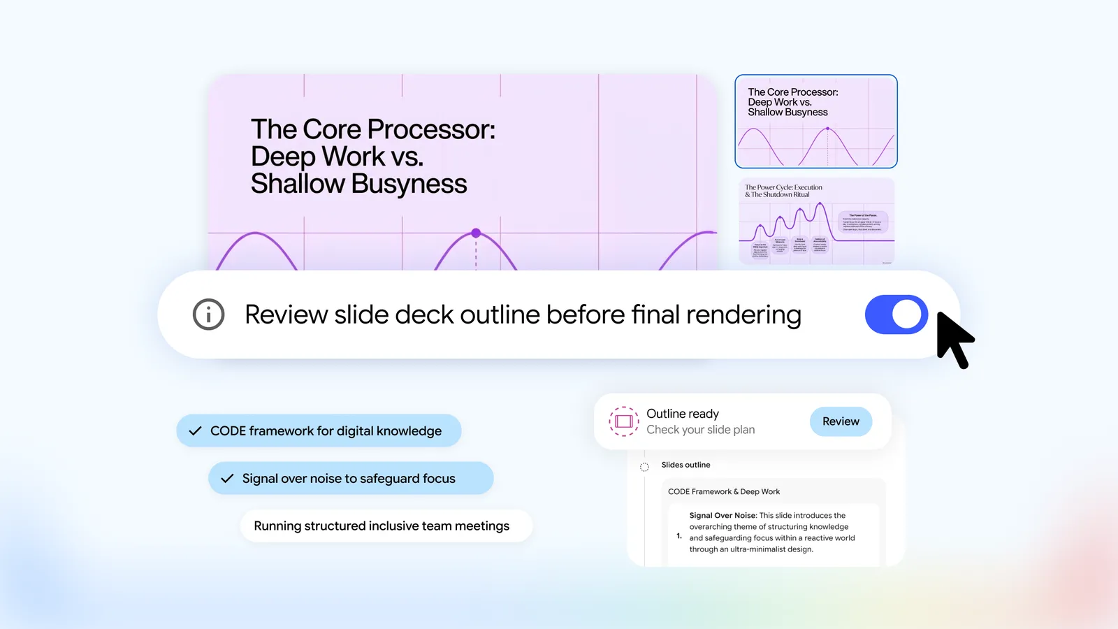 Google’s official Gemini Notebook product visual shows the new review-before-rendering toggle and slide-outline review controls; the sample content is a demonstration.
