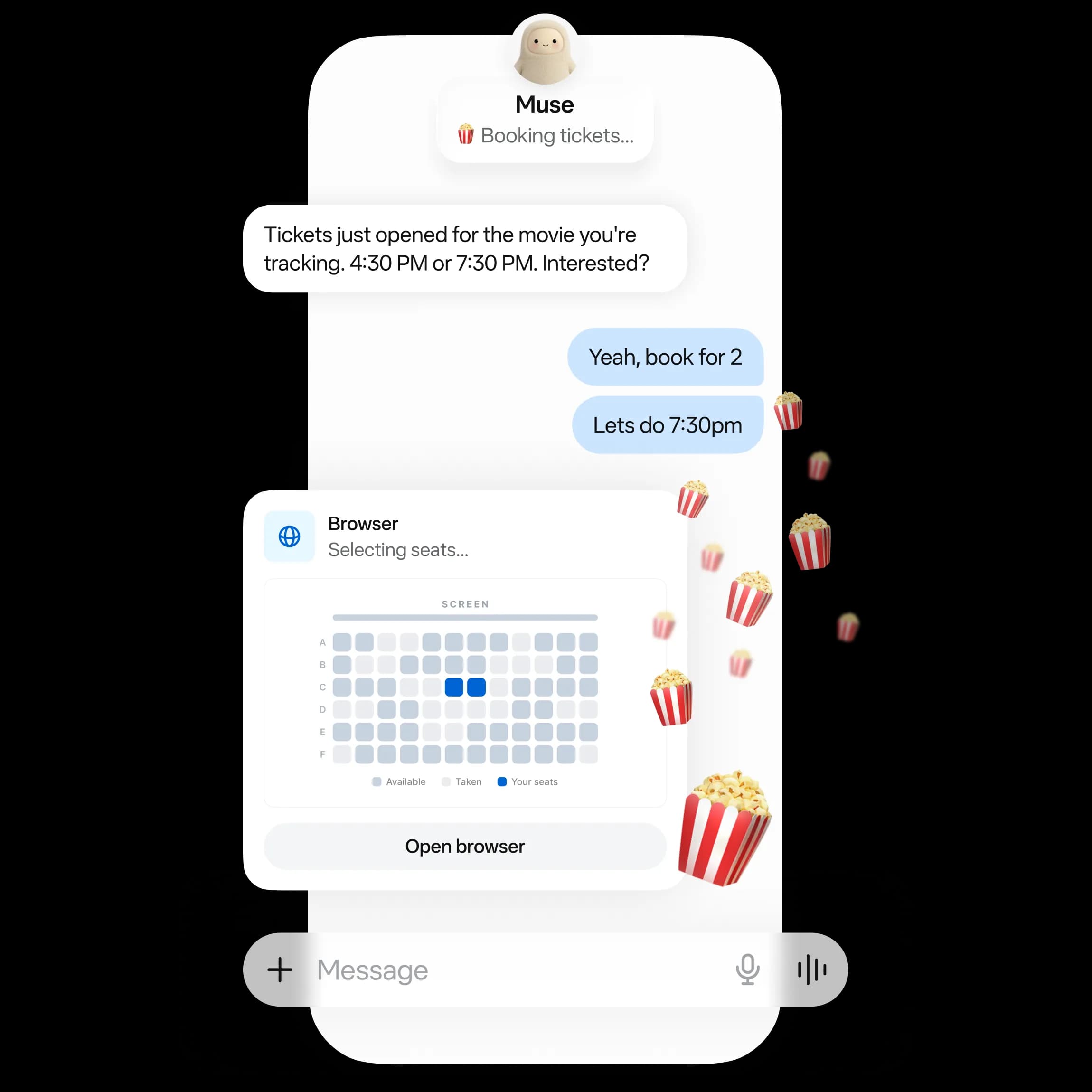 Official Muse product-interface illustration showing ticket booking and a seating map; not a Singapore-specific screenshot or an independent transaction test.