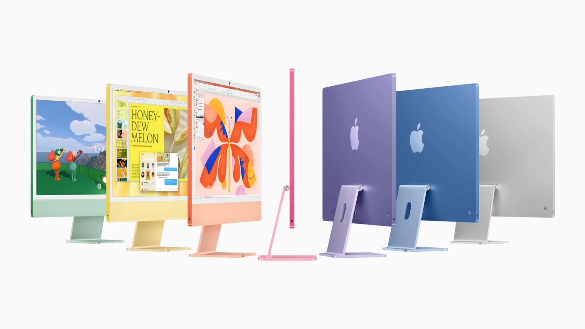 Apple’s official product visual showing the M6 iMac in seven colors. Performance claims are Apple’s, not independent measurements.