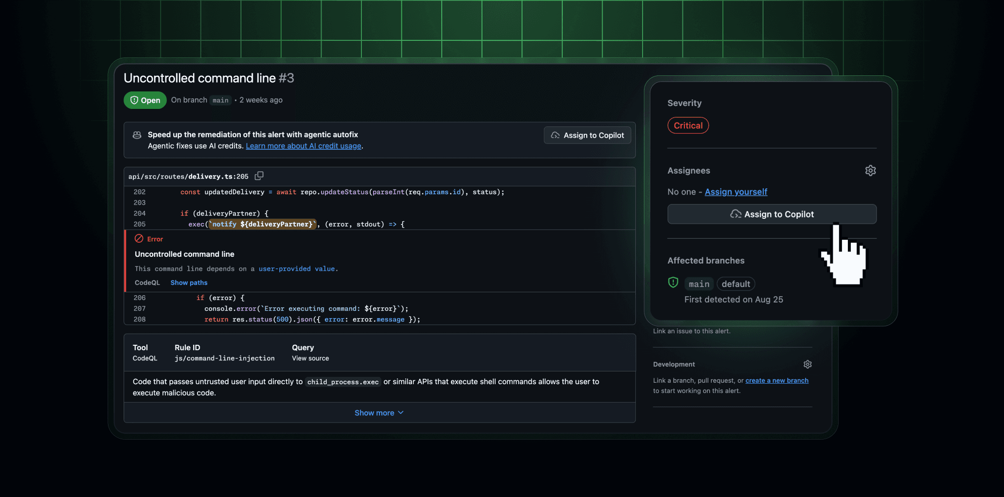 GitHub’s official agentic-autofix product visual showing a code-scanning alert and the Assign to Copilot control.