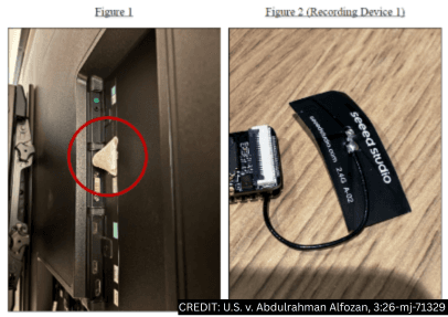 Justice Department evidence photograph of the recording device allegedly hidden at OpenAI