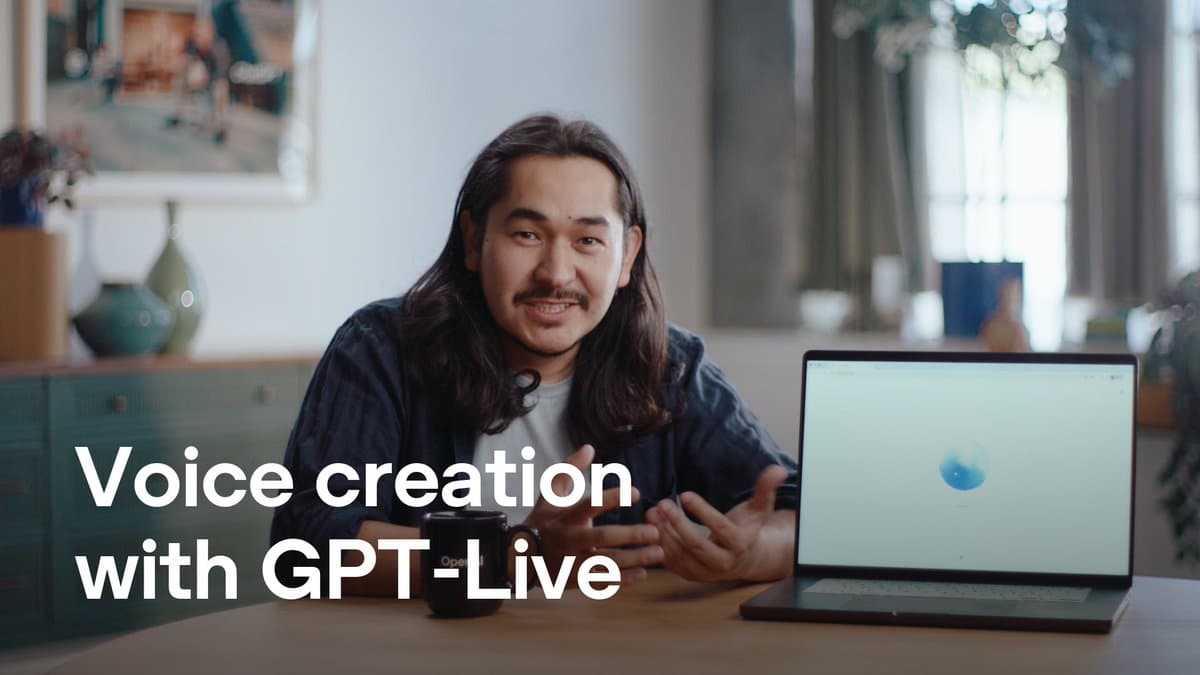 OpenAI’s official Voice creation with GPT-Live tutorial still, showing its presenter and a laptop.