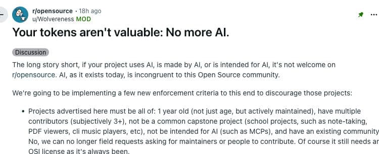The original r/opensource moderator announcement shows its title, author and project eligibility rules. This source screenshot documents the subreddit’s policy, not Reddit-wide policy or the definition of open source.