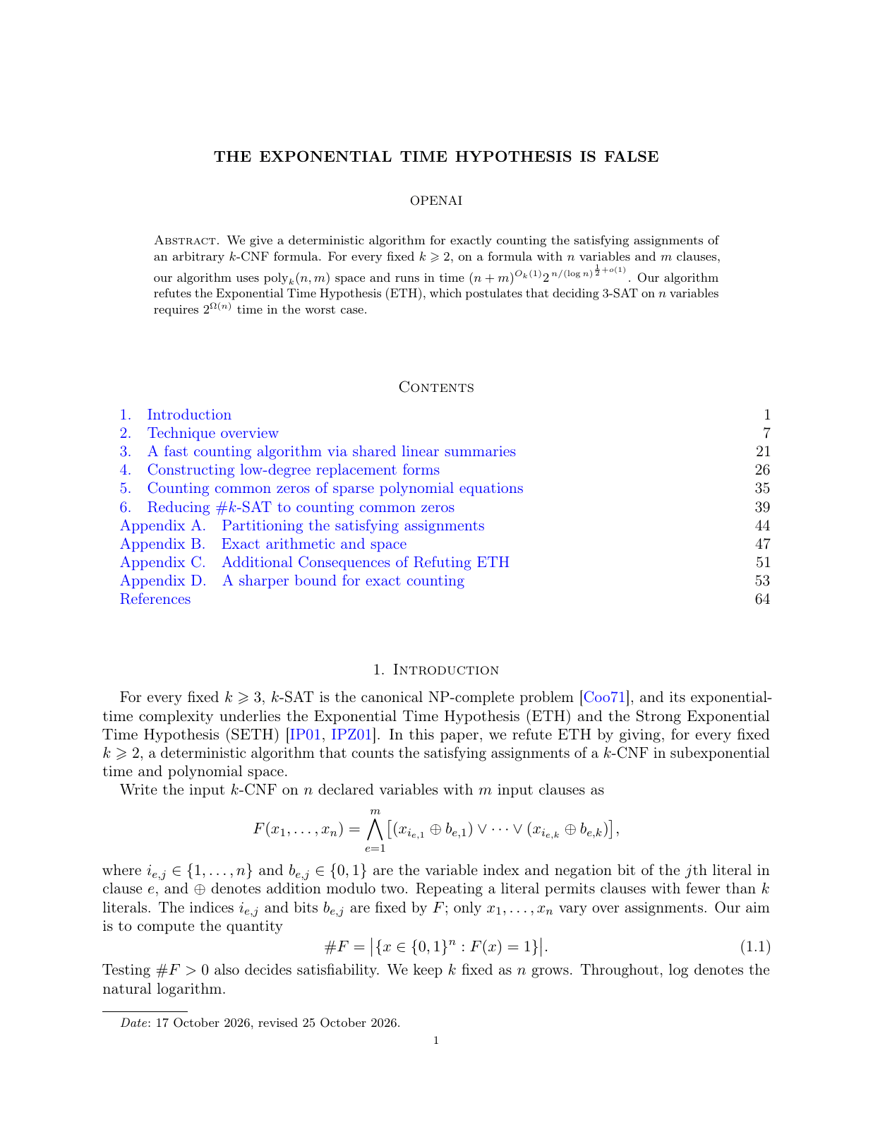 First page of OpenAI’s actual Exponential Time Hypothesis manuscript, dated October 17 and revised October 25, 2026. The abstract states its claimed algorithmic result; this source document is not independent confirmation of the proof.