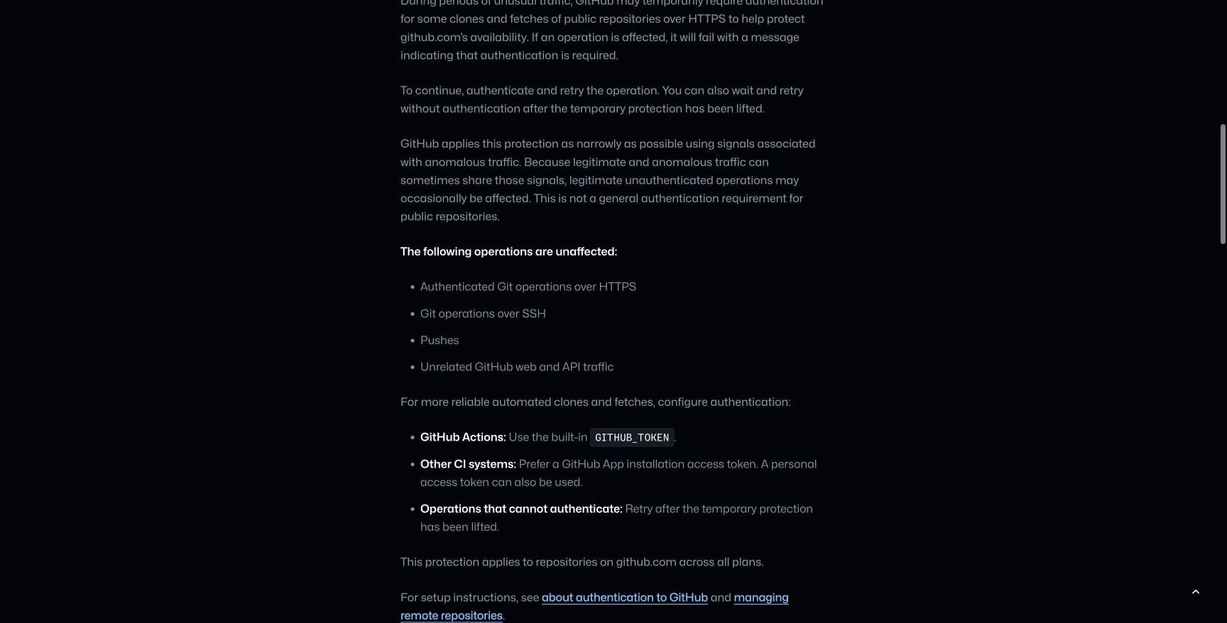 GitHub’s original authentication notice explains its narrow scope, unaffected operations and retry guidance.