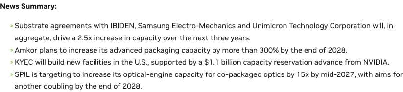 NVIDIA’s October 21 press-release summary lists substrate, packaging, testing and optical-engine expansion targets. Original source capture; plans are not completed capacity.