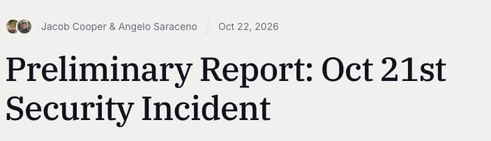 The title, authors and October 22 source date of Railway’s preliminary report on its October 21 security incident; public release was confirmed by the October 23 status update.