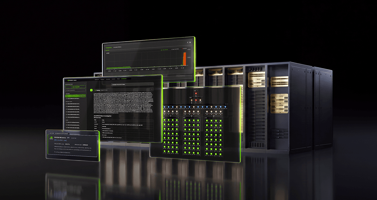 NVIDIA’s supplied Minerva product visual combines infrastructure racks with telemetry and operations interfaces; it is a product rendering, not a photograph of a customer deployment.