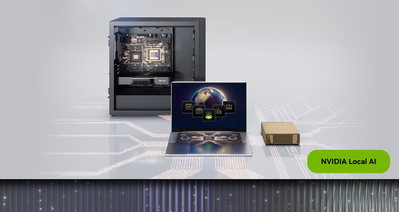 NVIDIA’s official local-AI product visual shows a workstation, laptop and DGX Spark; product illustration accompanying its October 21 availability announcement.