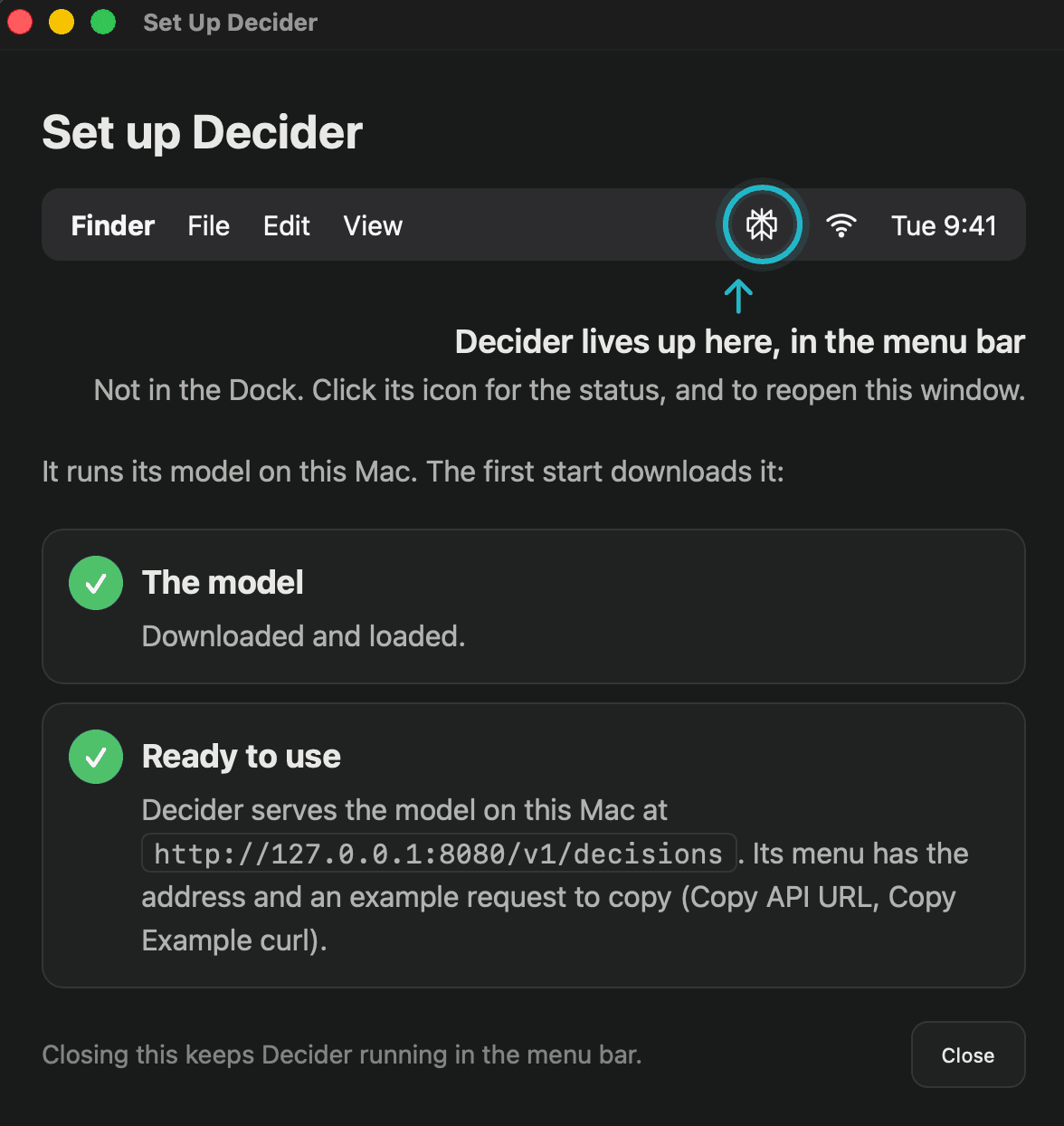 Perplexity’s supplied Decider setup screenshot shows the local model loaded and its loopback Decisions API endpoint ready.