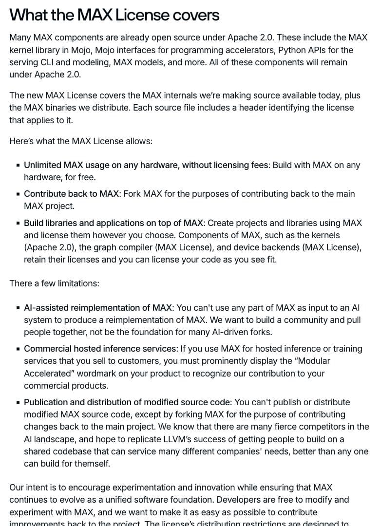 The original MAX announcement lists license permissions, Apache 2.0 components and restrictions on modified-source distribution and AI-assisted reimplementation.