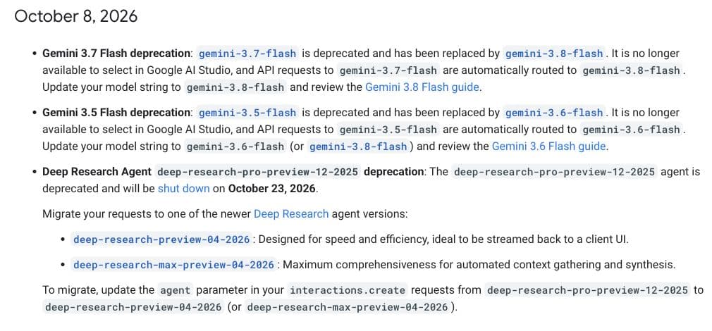 Google’s October 8 notice specifies the October 23 Deep Research agent shutdown and exact replacement agent identifiers; older Flash notices appear above it.