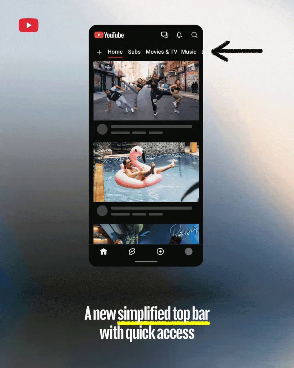 YouTube’s original product demonstration shows the redesigned mobile homepage top bar.