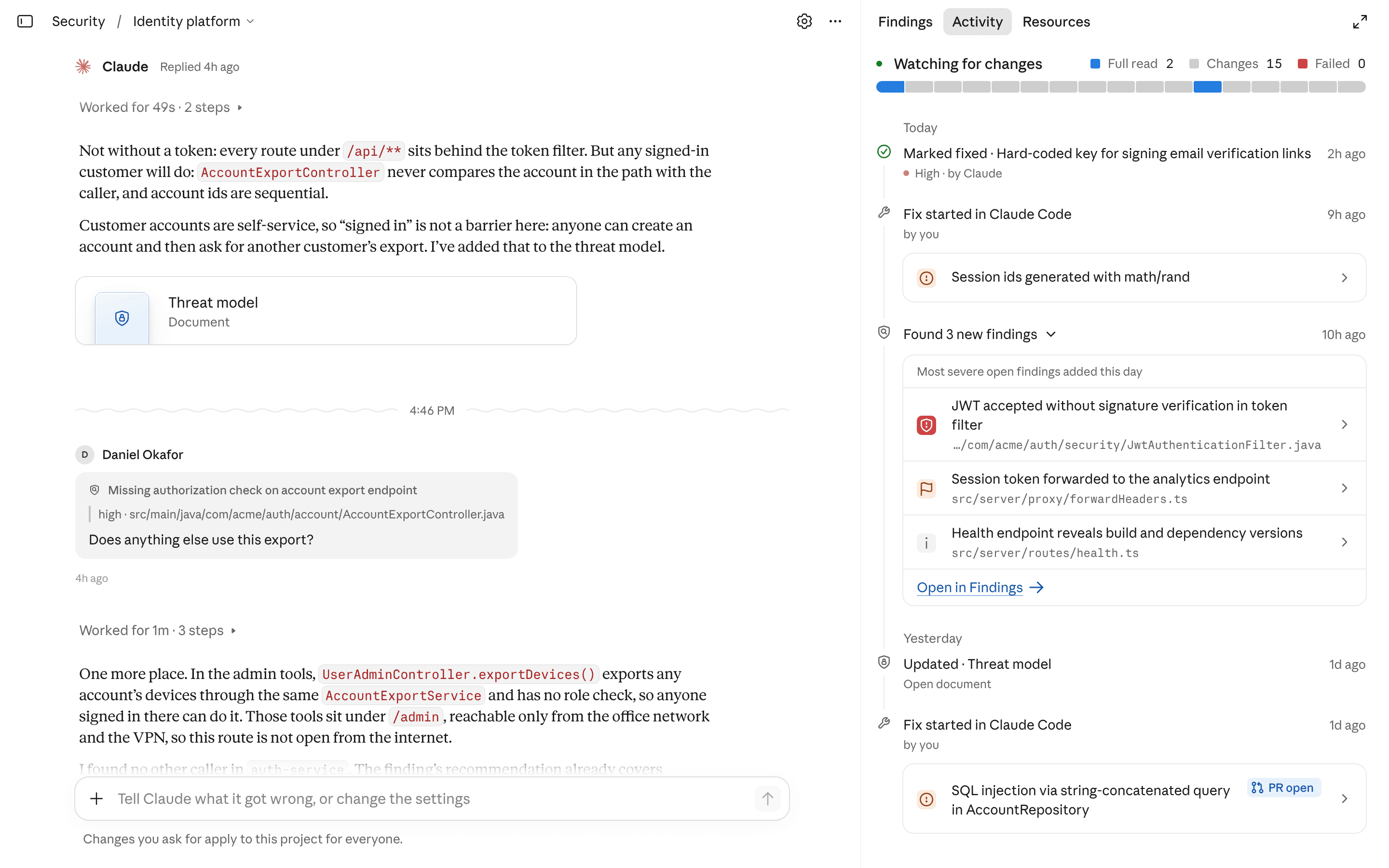 Anthropic’s official Claude Security interface screenshot shows continuous monitoring and fix activity for a sample identity-platform project; a product demonstration, not an independently audited scan.