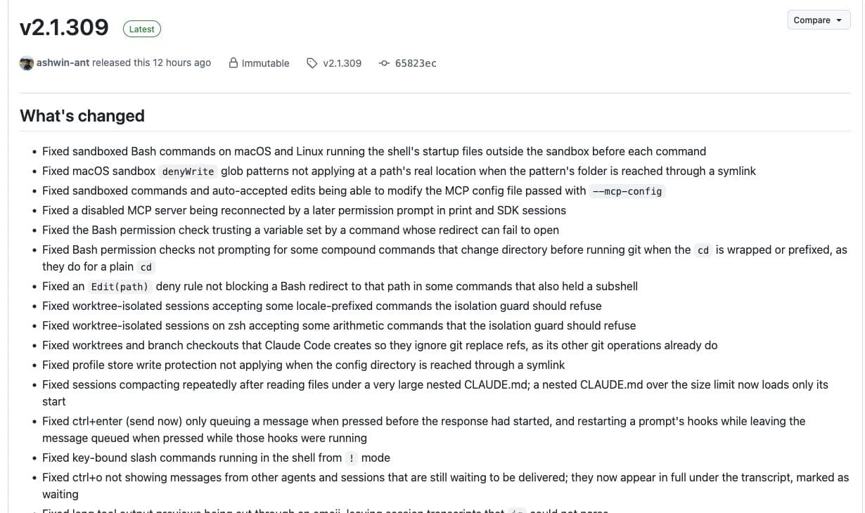 Claude Code’s original v2.1.309 release notes list sandbox startup-file, symlink, MCP configuration and permission-check fixes.
