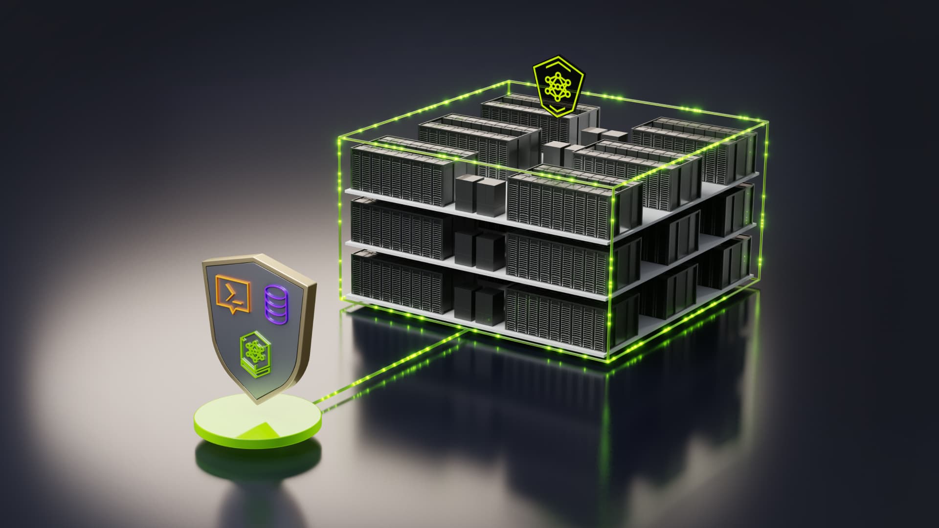 NVIDIA’s official Confidential Computing product illustration depicts protected computing racks and security boundaries; design visualization, not proof of security or a facility photograph.