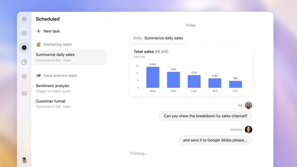 OpenAI’s official ChatGPT team-task product visual shows scheduled sales reporting, an event-triggered task and teammate follow-up requests; the displayed sales figures are demo data.
