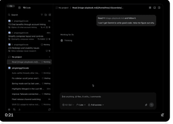 Frame from Theo Browne’s October 28 T3 Code triage demonstration showing a new thread with the triage playbook; not an independent installation or bug-fix test.