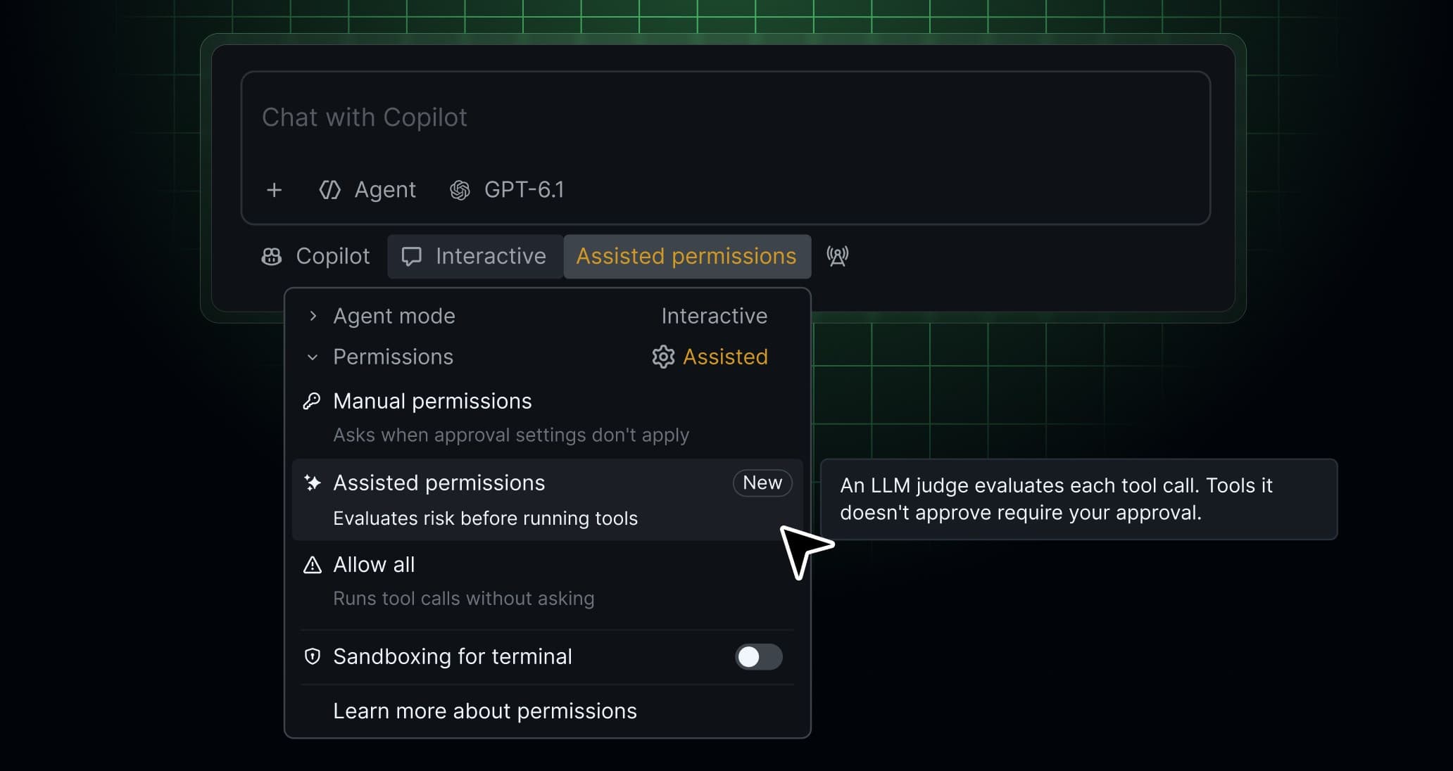 Official GitHub Copilot screenshot showing Assisted permissions, Manual permissions and Allow all as separate modes.