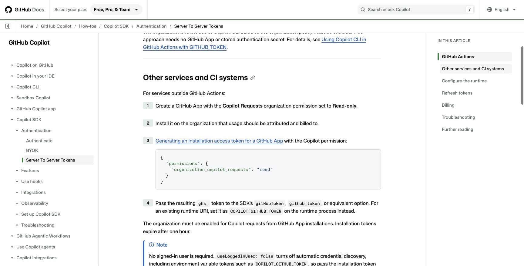 GitHub’s server-to-server authentication documentation: organization app permission, installation token and organization billing instructions; captured October 28, 2026.